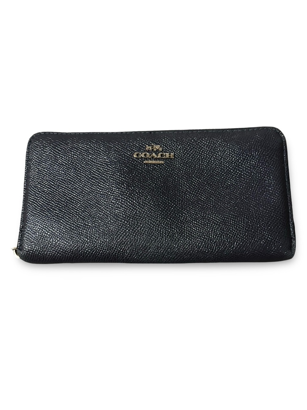 Coach Black Zip Around Pebbled Leather Wallet with Gold Logo - Picture 1 of 12